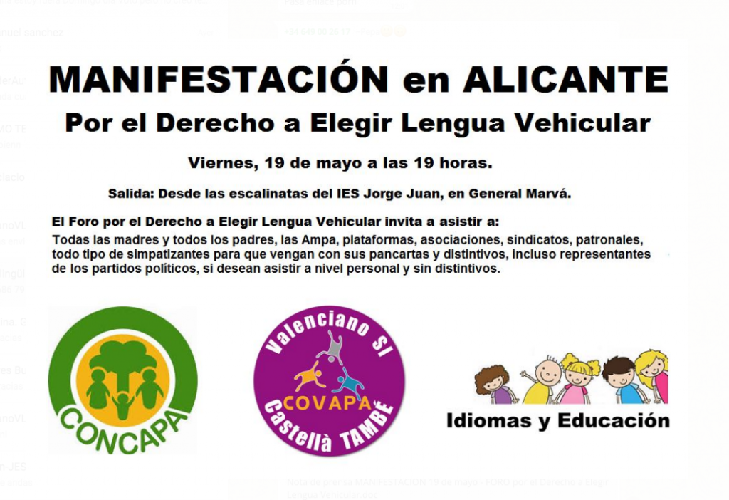 Manifestación en Alicante el viernes 19 de mayo. Derecho a elegir lengua vehicular